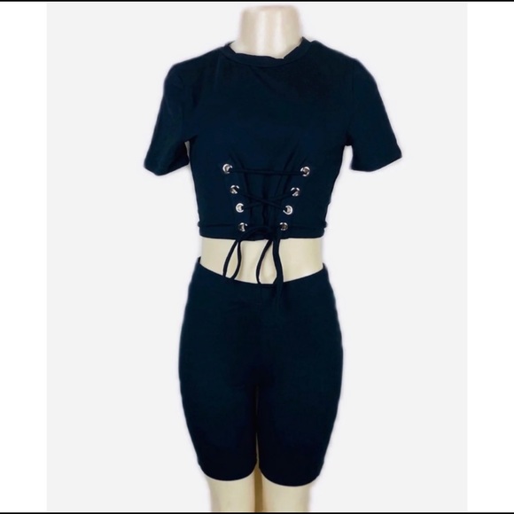 Black Two Piece Biker Short Lounge Wear Set - Picture 2 of 6